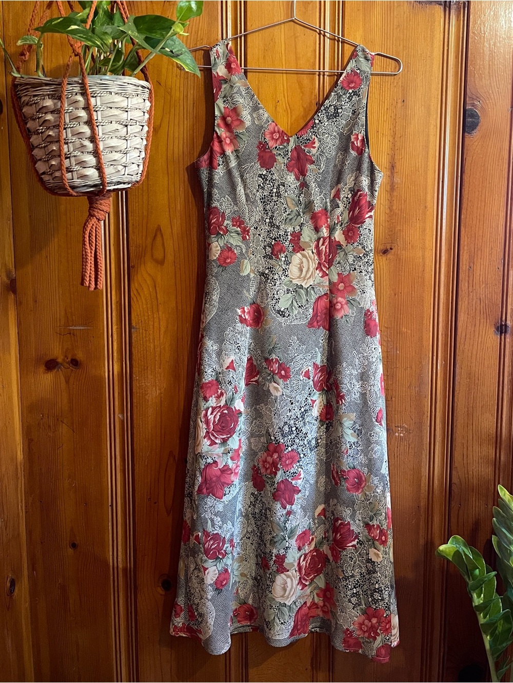 Vintage Floral Lace Print V Neck Dress